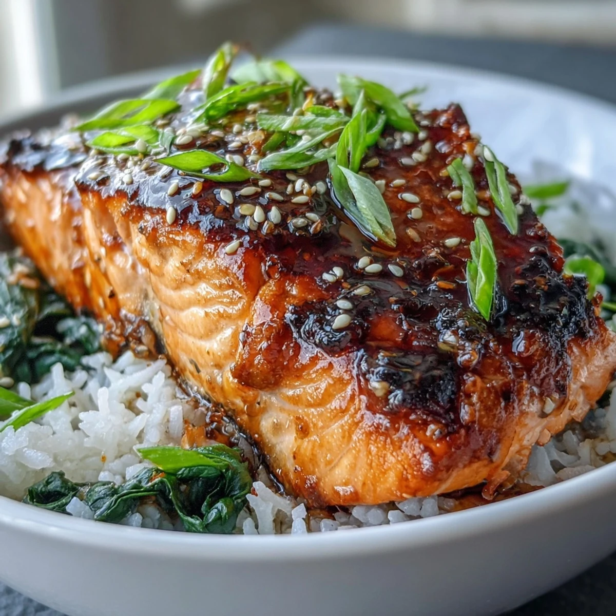 A close-up of flavorful miso glazed salmon served over jasmine rice and sautéed spinach, garnished with fresh green onions.
