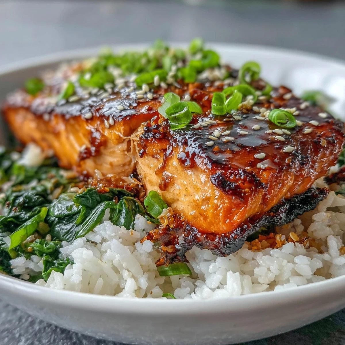 Overhead view of a healthy miso glazed salmon bowl with spinach, jasmine rice, sesame seeds, and bright lime wedges.