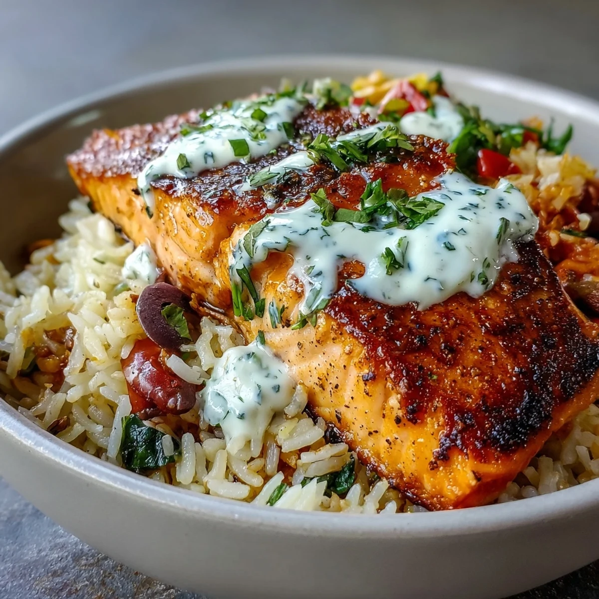 Golden crispy rice holds a seared salmon fillet topped with Mediterranean vegetables and dill garnish. A lemon-yogurt drizzle adds creamy tang to this vibrant Crispy Rice Salmon Bowl. Perfect for a healthy dinner.