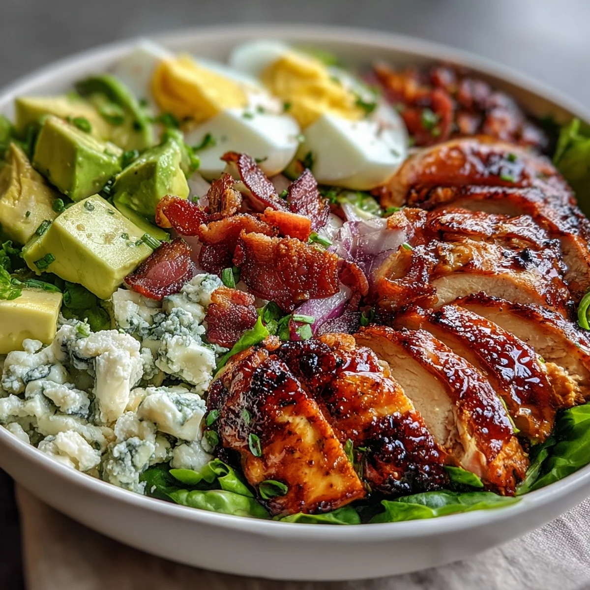 Hearty Cobb Salad Bowl featuring juicy sliced chicken, crumbled bacon, diced tomatoes, and egg quarters, with creamy avocado and a side of ranch.