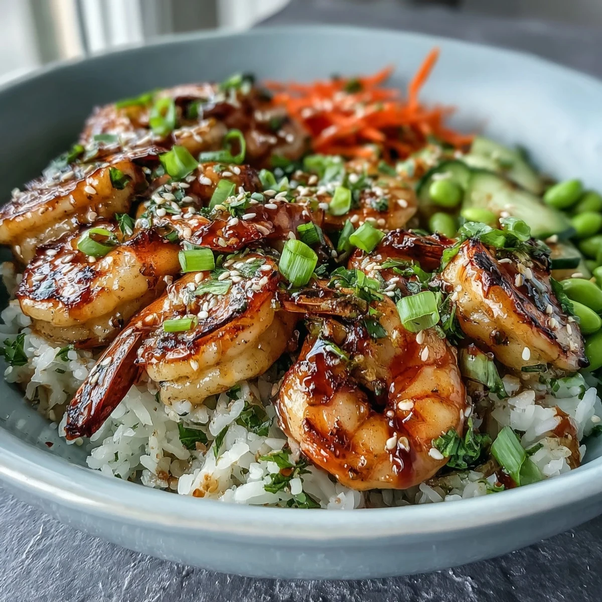 A close-up of Asian Shrimp Bowl with grilled shrimp, cucumber, edamame, and sesame seeds on fluffy rice, drizzled with ginger-sesame dressing for a fresh weeknight meal.