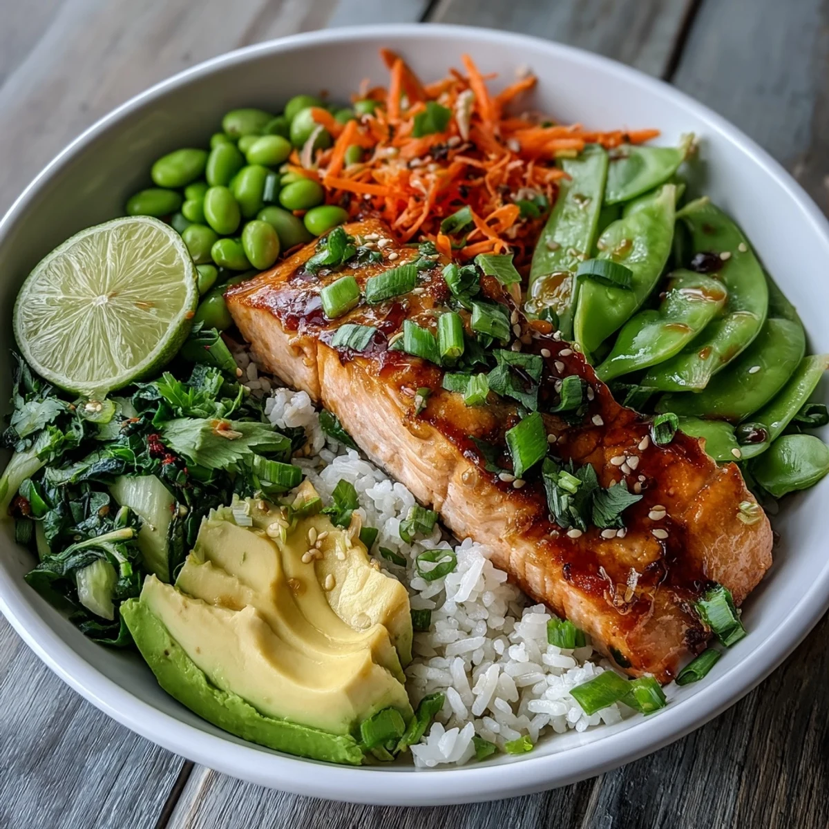 Tender soy ginger salmon glazed and flaky rests atop fluffy steamed rice with crisp Asian vegetables in a white bowl.
