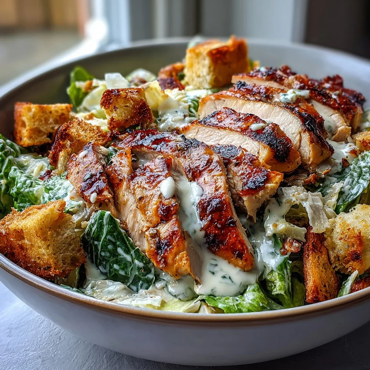 Sliced grilled chicken breast over chopped romaine, parmesan, and golden croutons in a hearty Caesar Chicken Bowl.