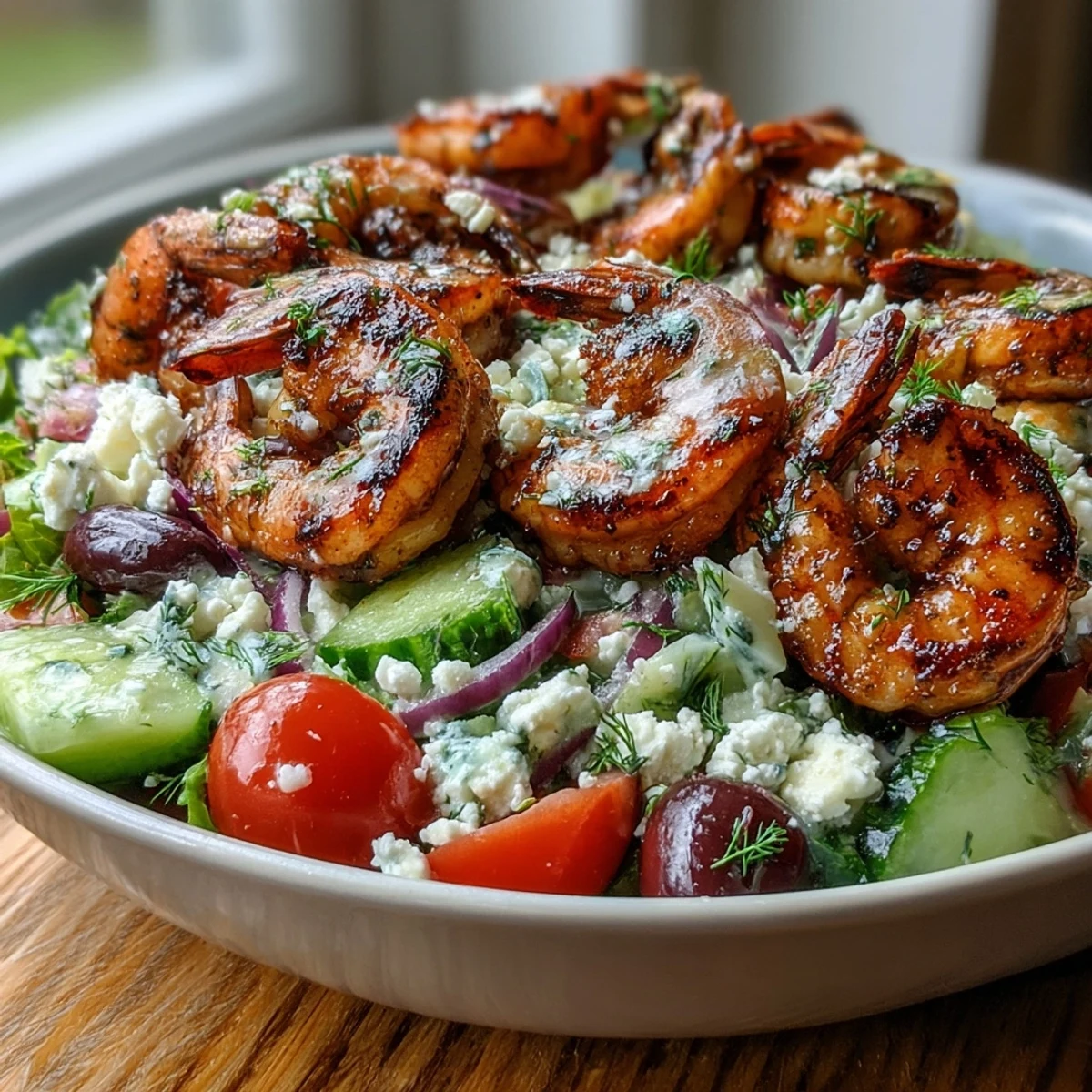 Grilled Greek Shrimp Bowl with charred shrimp, feta, cucumbers, tomatoes, and olives on a bed of greens.