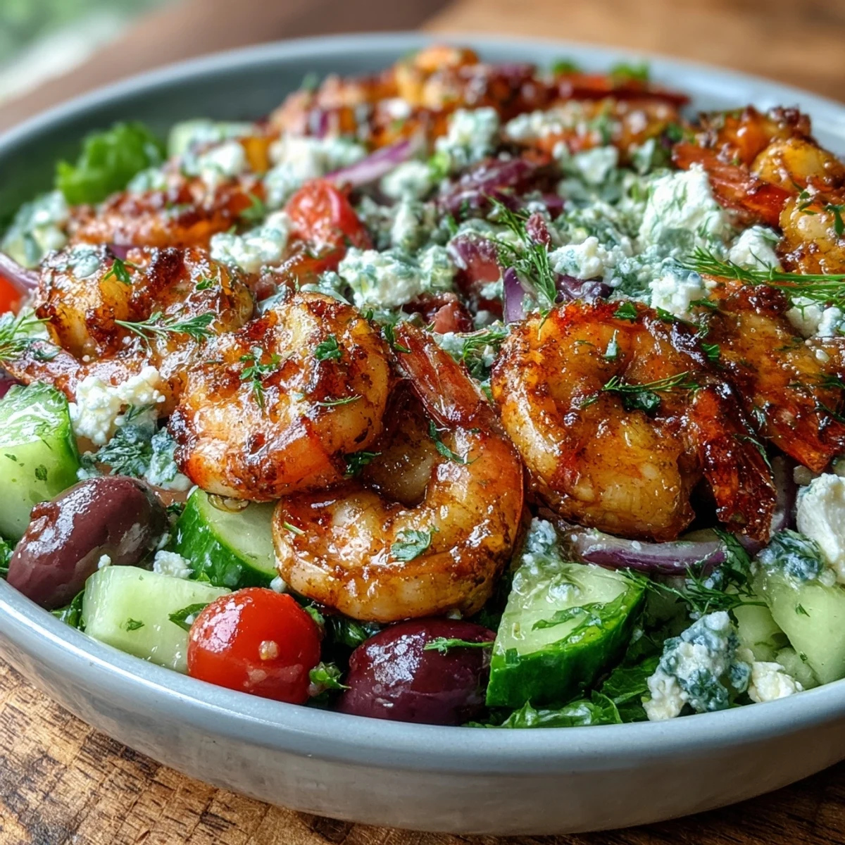 A vibrant Greek Shrimp Bowl topped with crumbled feta, Kalamata olives, and a lemon-olive oil dressing.