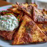 Golden-baked pita chips with cool, refreshing tzatziki sauce — an easy Mediterranean appetizer.