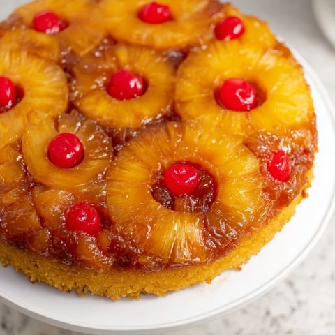 Golden-brown Pineapple Upside-Down Cake cooling on a wire rack, showcasing glossy, caramelized pineapple rings and bright red cherries.