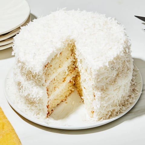 Golden, billowy meringue frosting coats a tall coconut cake layered with white cake and creamy coconut filling.