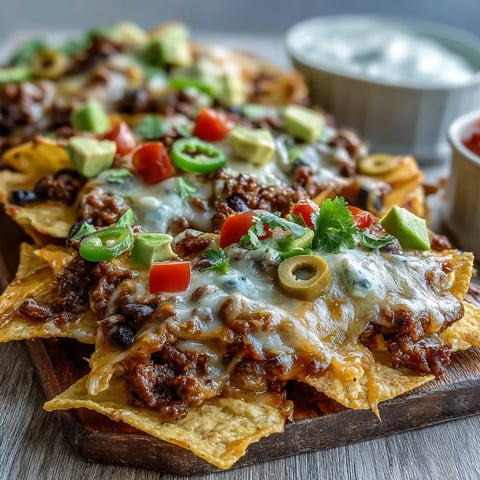 Golden Baked Nachos with melted cheddar and Monterey Jack cheese, topped with seasoned beef, fresh jalapeños, and diced avocado.