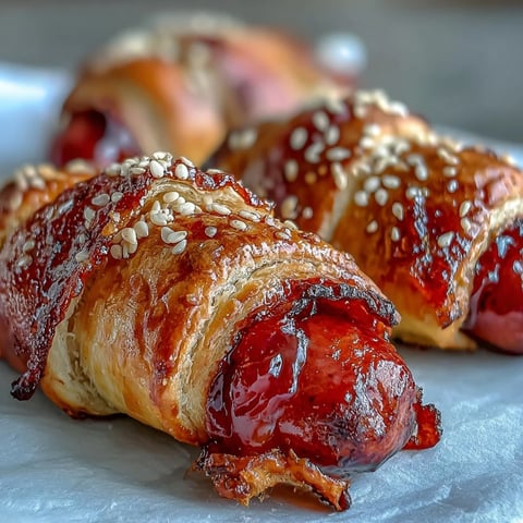 Golden-brown Pepper Jelly Hogs in a Blanket, fresh from the oven with a shiny glaze.