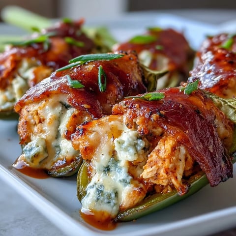 Golden-brown Buffalo Wing Poppers with bubbly, melted blue cheese filling and a spicy red buffalo sauce drizzle.