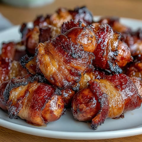 Golden brown Bacon-Wrapped Smokies fresh from the oven, glistening with a sweet caramelized glaze and perfect for a game day appetizer spread.