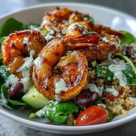 Mediterranean Shrimp Bowl with sautéed shrimp over quinoa, topped with a creamy tahini drizzle and fresh herbs.
