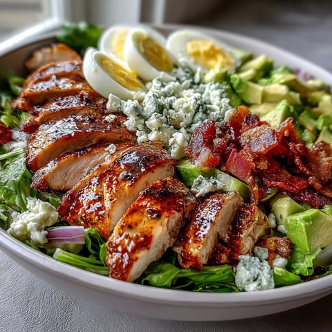 Fresh Cobb Salad Bowl with grilled chicken, crispy bacon, creamy avocado, and hard-boiled eggs arranged on greens, topped with blue cheese and ranch dressing.