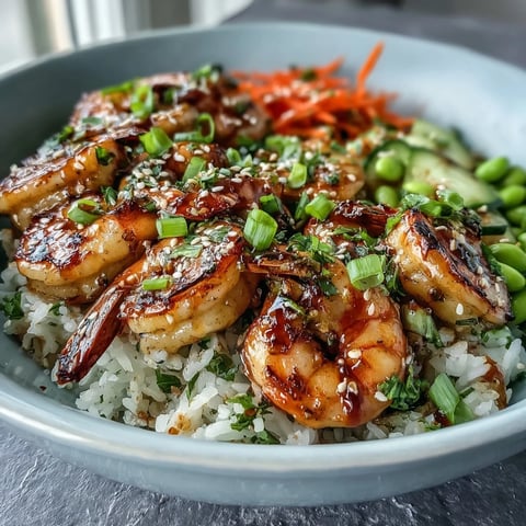 A close-up of Asian Shrimp Bowl with grilled shrimp, cucumber, edamame, and sesame seeds on fluffy rice, drizzled with ginger-sesame dressing for a fresh weeknight meal.