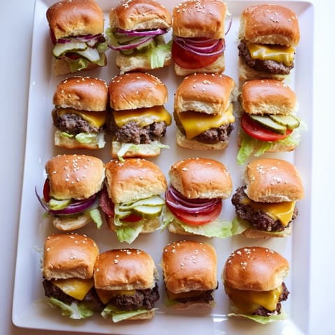 Mini hamburgers feature juicy beef patties, melted cheddar, and fresh toppings served on soft slider buns.