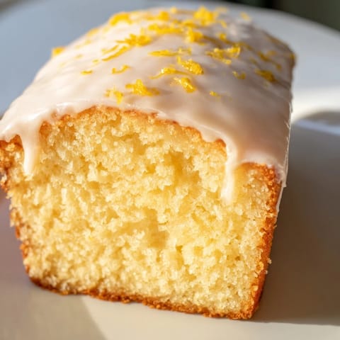 Slice of moist Lemon Pound Cake drizzled with glaze, served beside a steaming cup of coffee.