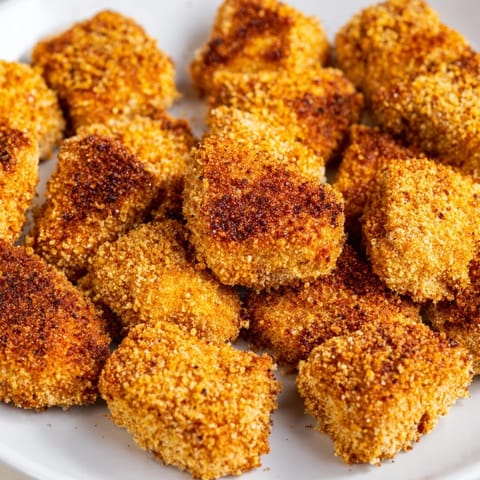 Perfectly cooked Chicken Nuggets piled high on a plate, served with honey mustard sauce.