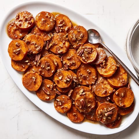 Tender sweet potato rounds glazed in brown sugar syrup with a dusting of cinnamon and nutmeg.