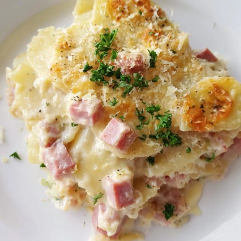 Layers of thinly sliced potatoes and diced ham are smothered in a creamy Gruyère and cheddar cheese sauce.