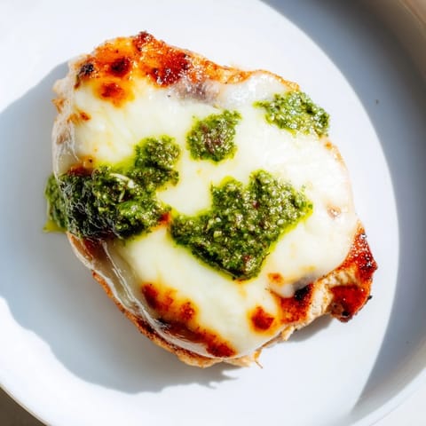Thick sandwich halves reveal gooey melted mozzarella over grilled chicken, drizzled with bright green pesto sauce.