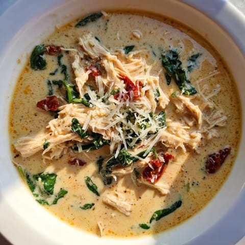 Creamy Tuscan Chicken Soup featuring shredded chicken, sun-dried tomatoes, and spinach, ready to serve with crusty bread.  