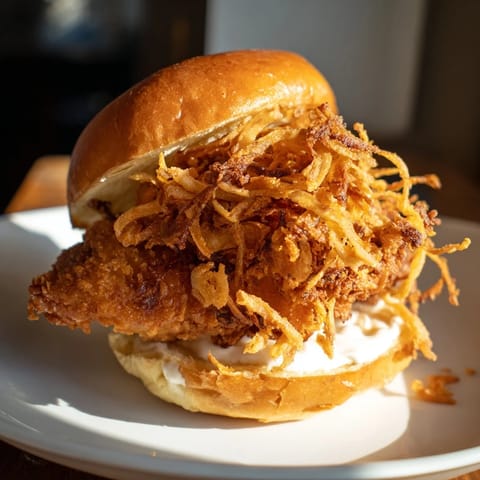 Buttermilk-marinated fried chicken is layered with crunchy onions and fresh lettuce inside a soft brioche bun.  