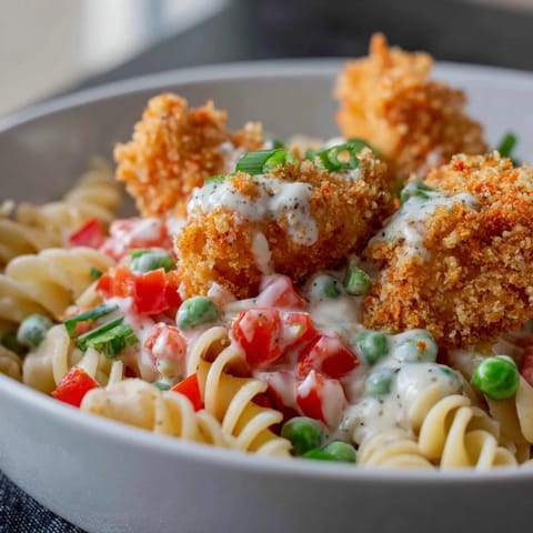 A close-up of Crispy Chicken Ranch Pasta Salad in a white bowl, showcasing golden panko-breaded chicken pieces mixed with rotini pasta, bright diced red bell pepper, and fresh green onions.