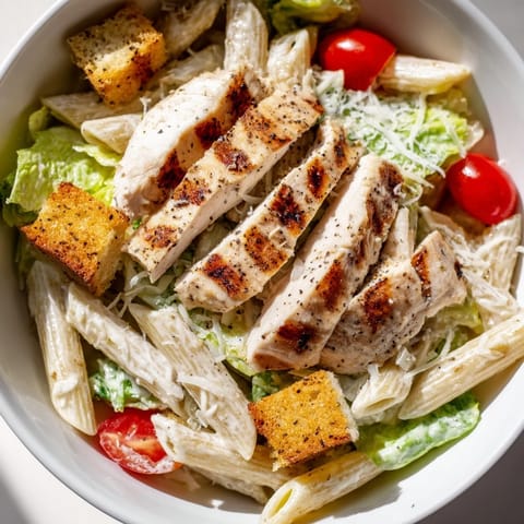 Grilled chicken strips and crisp romaine tossed with pasta in creamy Caesar dressing in a Caesar Pasta Chicken Bowl.