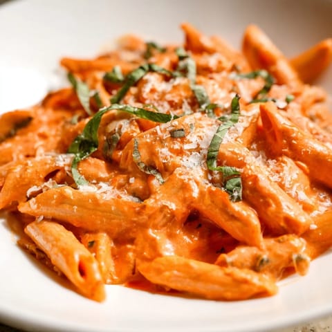 A skillet of creamy roasted red pepper pasta garnished with fresh basil and grated Parmesan.  