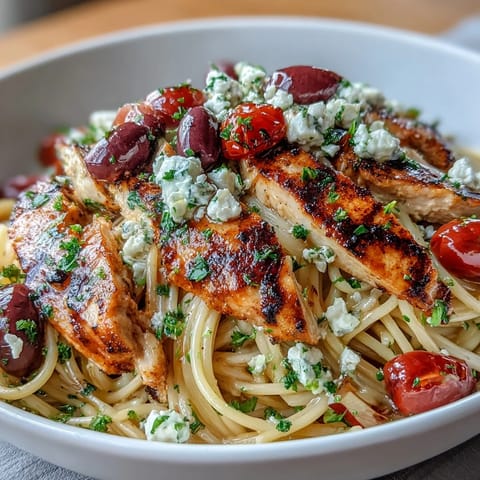 Tender sliced chicken and creamy feta garnish a hearty plate of Greek Chicken Spaghetti with olives and herbs.