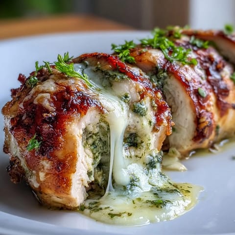 Golden-baked Mozzarella & Pesto Stuffed Chicken with melted cheese oozing.