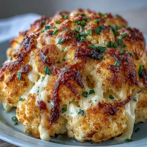 Golden Cheesy Stuffed Cauliflower Head with bubbling cheddar topping.