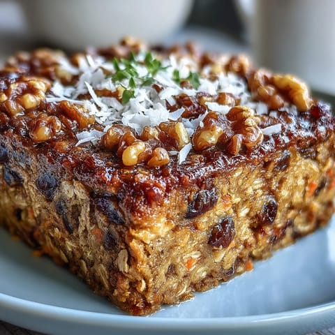 Warm slice of Carrot Cake Baked Oatmeal, perfect with maple syrup and walnuts.