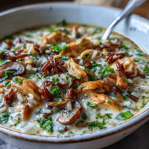 Hearty Parmesan Mushroom Chicken and Wild Rice Soup with fresh parsley garnish.