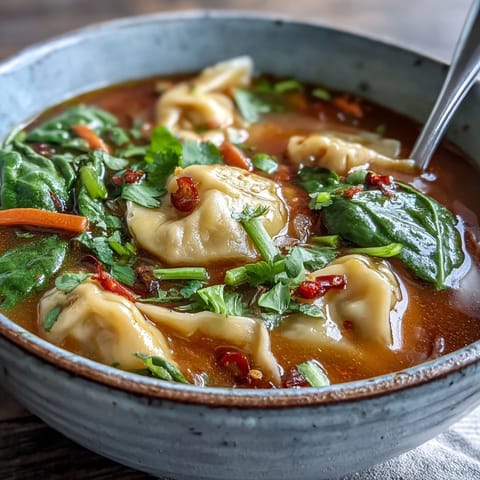 Flavorful Red Curry Wonton Soup bowl brimming with garnishes.