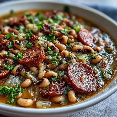 Hearty Southern-Style Black-Eyed Peas simmered with smoky sausage and vegetables.