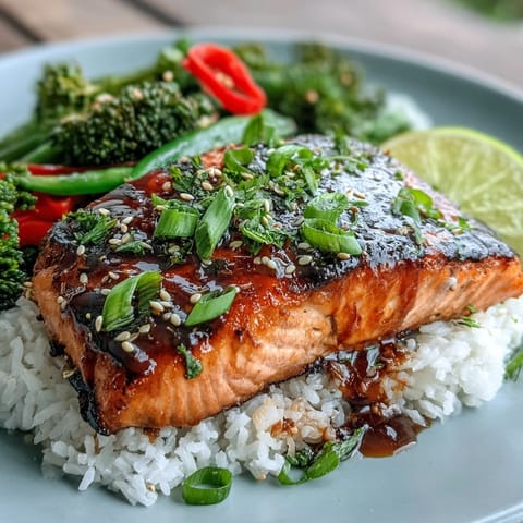Perfectly cooked Maple Soy Glazed Salmon with fluffy rice and vibrant, crisp veggies.