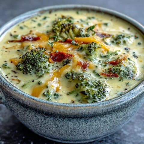 A bowl of Roasted Broccoli Cheddar Soup topped with extra cheese and herbs.