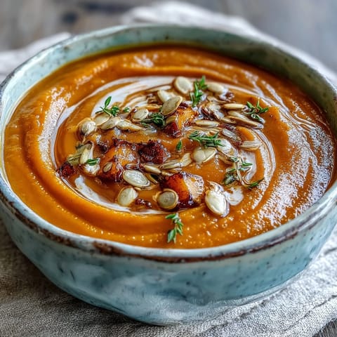 Steaming bowl of Easy Roasted Butternut Squash Soup garnished with thyme and pumpkin seeds.