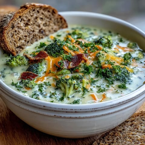 Creamy Broccoli Cheddar Soup simmers in a pot with sharp cheddar, fresh broccoli, and carrots, ready to serve with warm crusty bread.