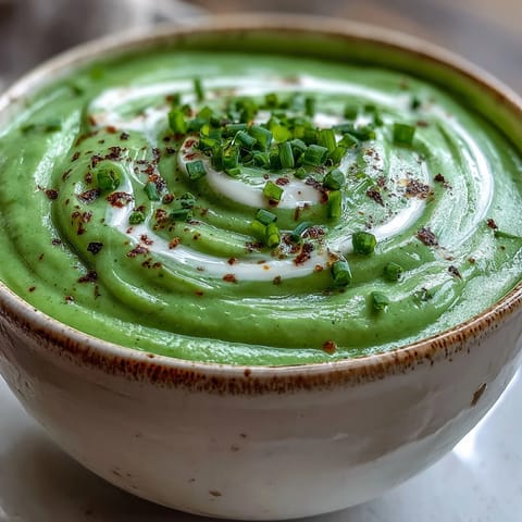 Steaming bowl of Cream of Broccoli Soup topped with fresh chives and croutons.