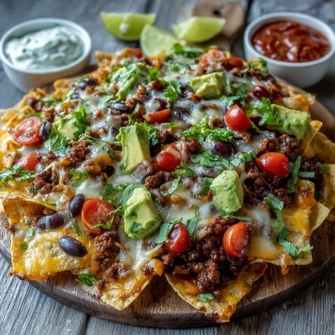 Freshly baked Baked Nachos served on a platter with sour cream and salsa, perfect for a game day snack.