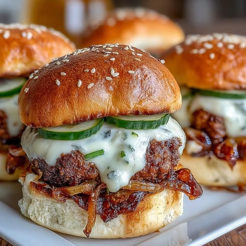 Golden-brown Touchdown Brat Sliders with beer cheese sauce, caramelized onions, and pickles on toasted buns.