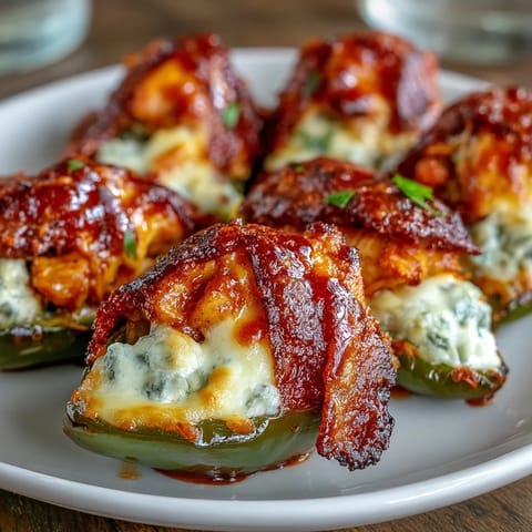 Stuffed jalapeño halves loaded with shredded chicken and cream cheese, served warm on a rustic wooden board.