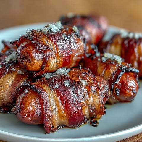 Toothpicks hold crispy bacon around juicy smokies, served warm on a platter with a side of spicy brown mustard for dipping.