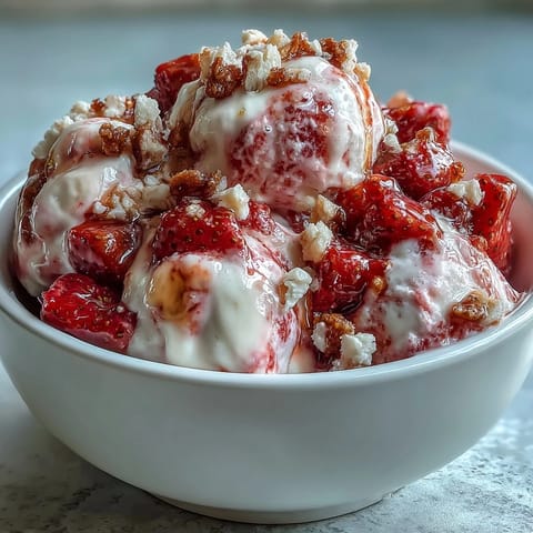 A hand reaches for a creamy Strawberry & Banana Yogurt Cluster next to fresh banana slices and strawberries.