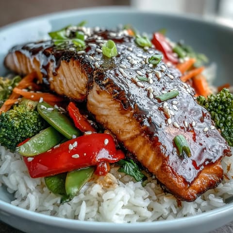Teriyaki Salmon Bowl served in a rustic bowl, garnished with sesame seeds and fresh green onions for extra flavor.