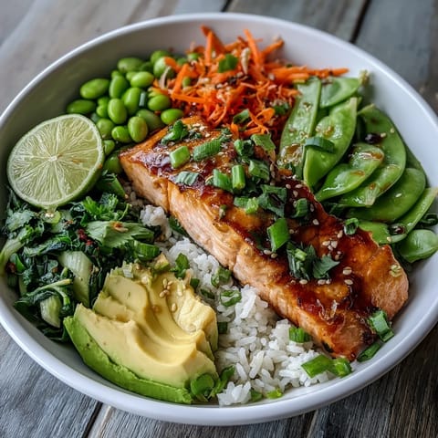 Tender soy ginger salmon glazed and flaky rests atop fluffy steamed rice with crisp Asian vegetables in a white bowl.
