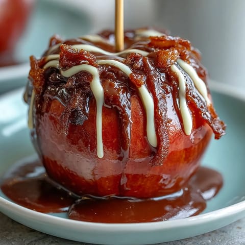 Glossy red candy apples with a smooth white chocolate drizzle, perfect for fall festivals and Halloween treats.